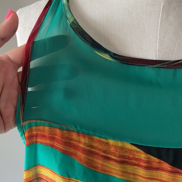 GREEN Trapeze chiffon overlay DRESS  SLEEVELESS HIGH LOW paint brush pattern 12 - Picture 3 of 10